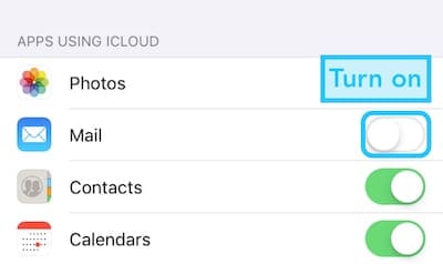 Screenshot of the Mail button in iCloud settings on iOS