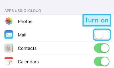 Скриншот кнопки Mail в настройках iCloud на iOS