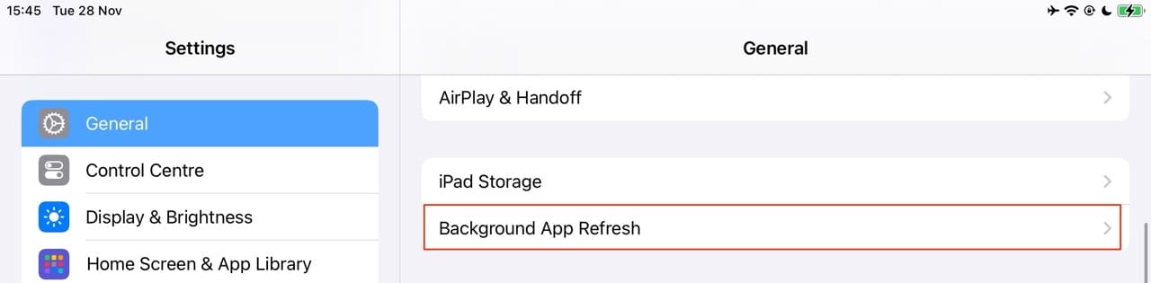 The Background App Refresh option in Settings > General on an iPad