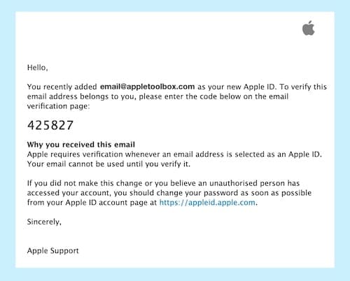 Screenshot of an Apple ID verification code email
