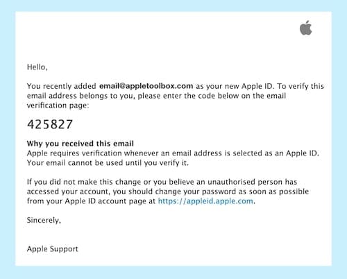 Скриншот электронного письма с кодом подтверждения Apple ID