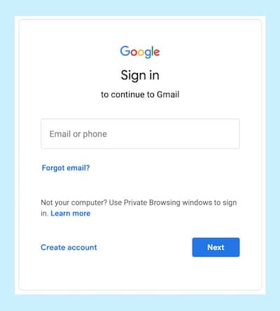 Screenshot of the Sign In page from Google's Gmail website