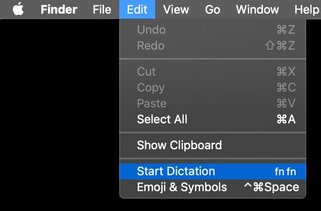 start dictation in Mac's Finder Menu