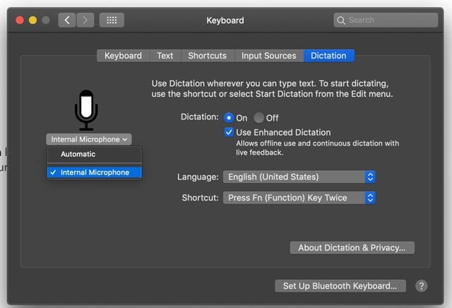 Manually select dictation microphone on Mac