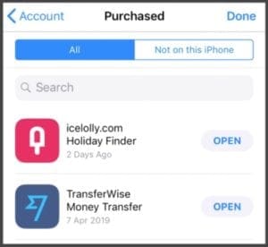 App Store purchased page showing apps on iPhone.