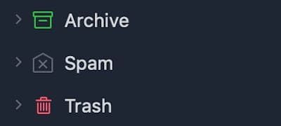 Screenshot of Archive, Spam, and Trash email folders