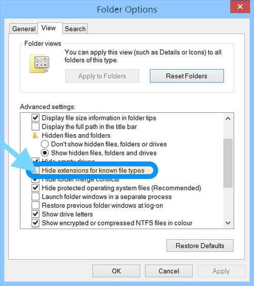 deselect hide file extensions on Windows