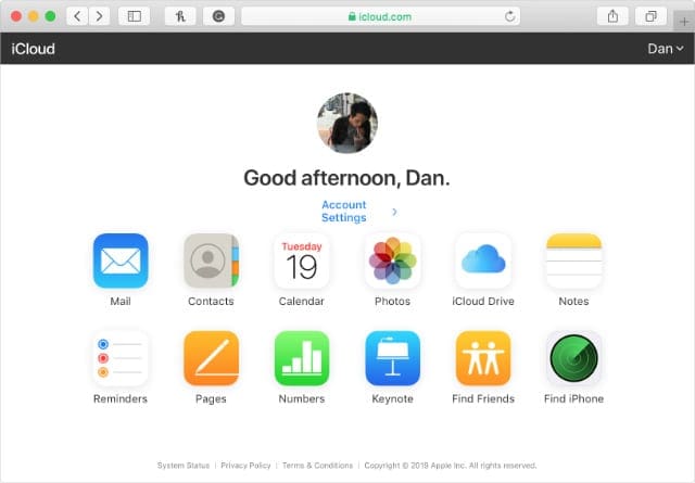 iCloud website showing content icons