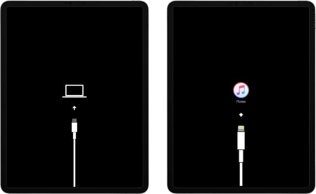 iPad Pro со старым и новым значками режима восстановления, iTunes и компьютером