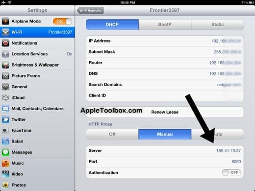 iPad proxy settings