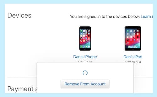 Screenshot of Remove from Account button under Apple ID devices.