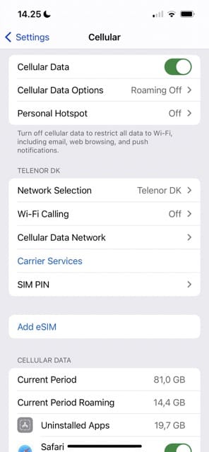 Cellular Settings Interface iOS Screenshot