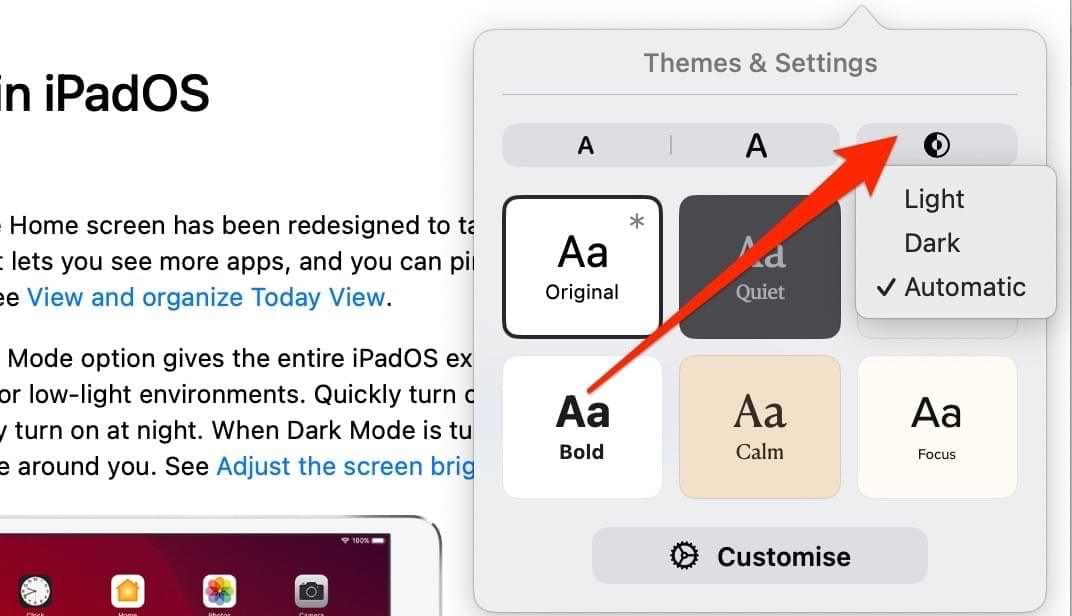 The option to pick between Light or Dark Mode in the Apple Books app