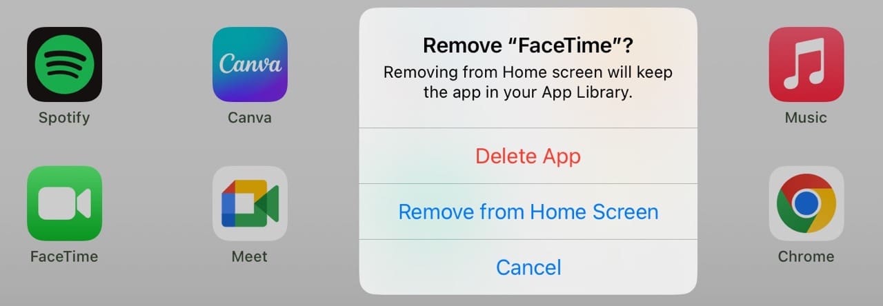 A pop-up window asking you to delete FaceTime from your iPad