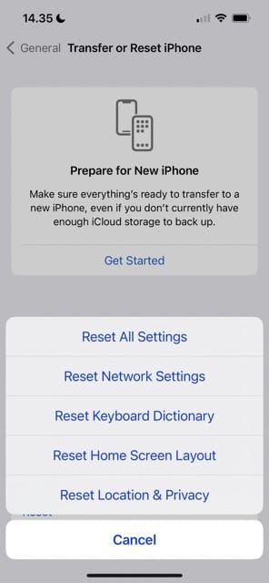 Reset iOS Network Settings Screenshot