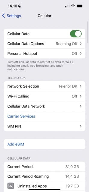 Settings and Cellular Data on iOS