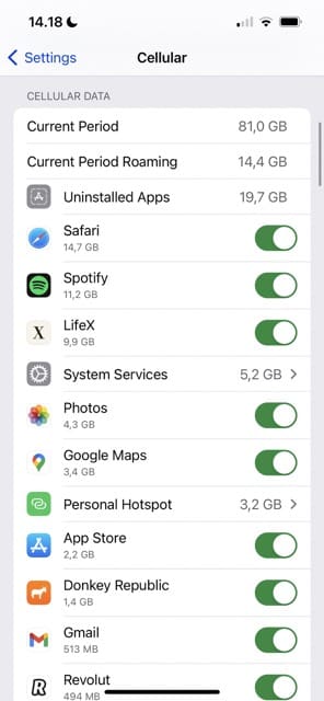 iOS Cellular Data Screenshot