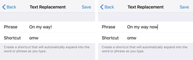 change a keyboard text replacement shortcut on iPhone