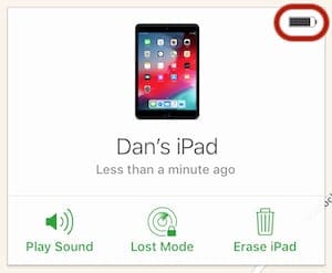 Экран параметров «Найти iPad» показывает уровень заряда батареи потерянного устройства.