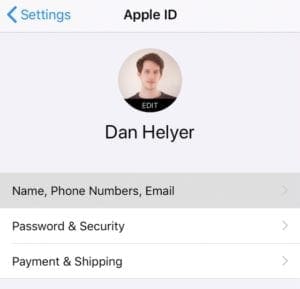 Name, Phone Number, Email in Apple ID settings
