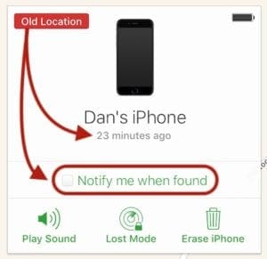 Старое местоположение на Find My iPhone с последним обновлением времени и возможностью уведомления.