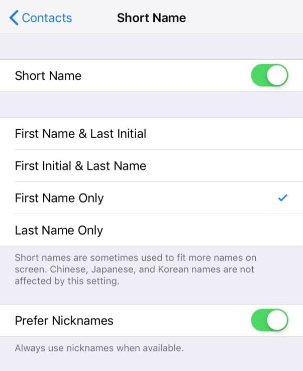 short name options for iOS contacts app