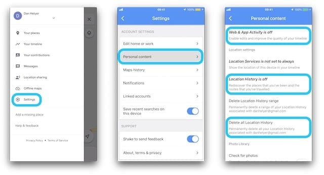 Google Maps Location History settings