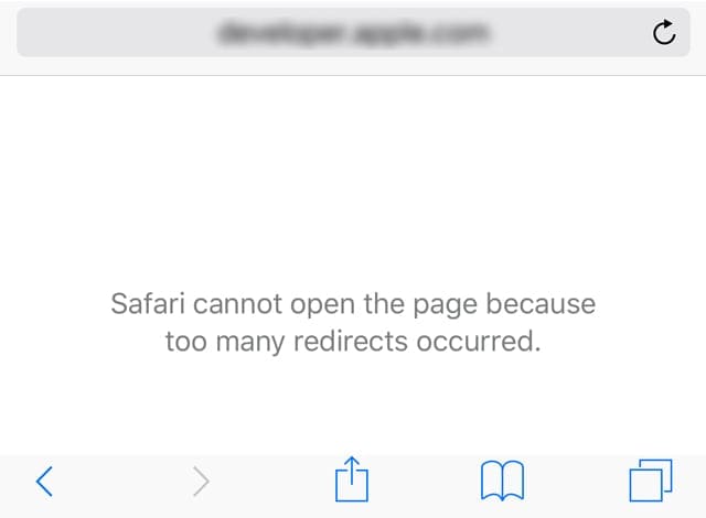 safari just too many redirects cannot open handed page