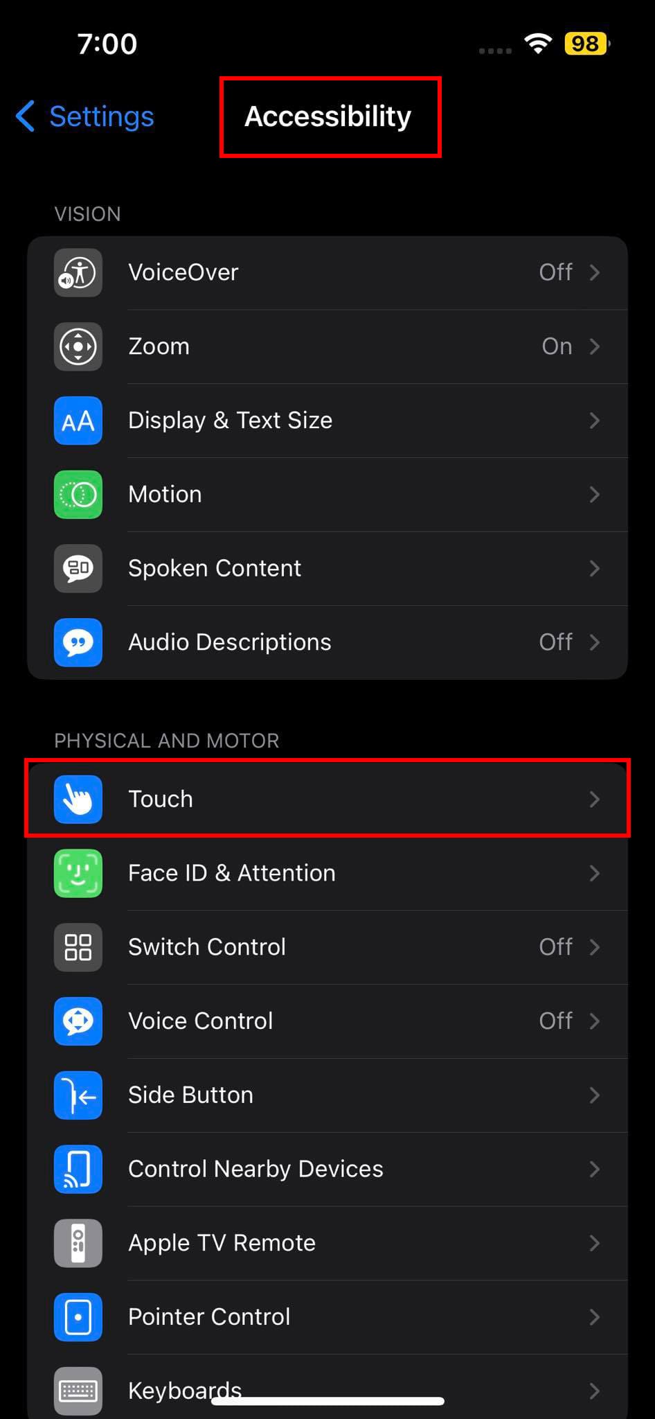 Accessibility Touch settings