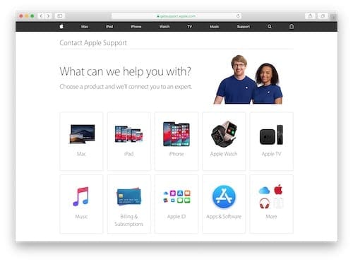 Captura de pantalla del sitio web de soporte técnico de Apple