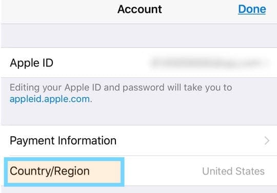 country or region settings for Apple ID on iPhone