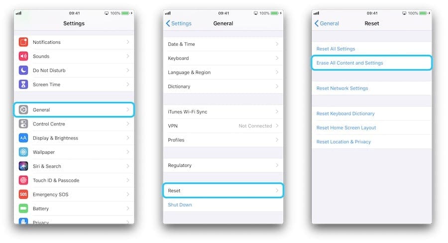 Three iPhone screenshots navigating to the Reset page