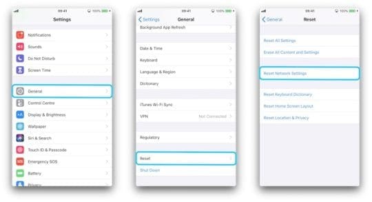 Three iPhone screenshots navigating to the Reset page