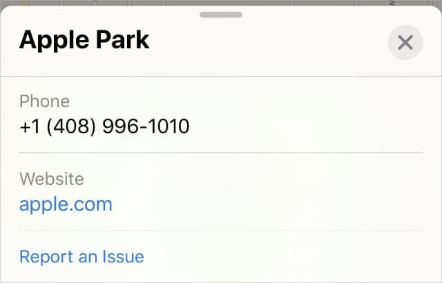 Apple Park Report an Issue button in Apple Maps