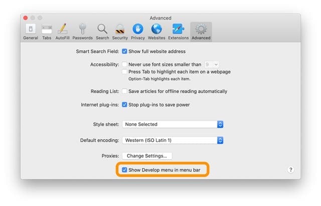 Mac Safari show develop menu