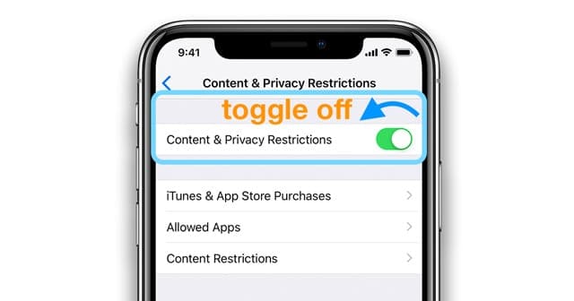 disable content and privacy restrictions for iOS 12 and above