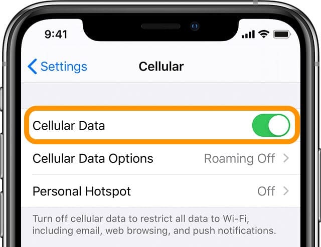 iPhone turn cellular data on