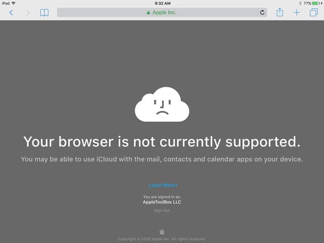 Apple iCloud not supported in this browser