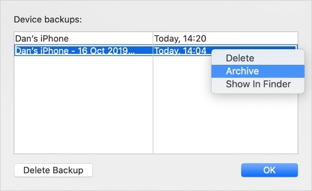 Archive iPhone backup option in Finder on macOS Catalina