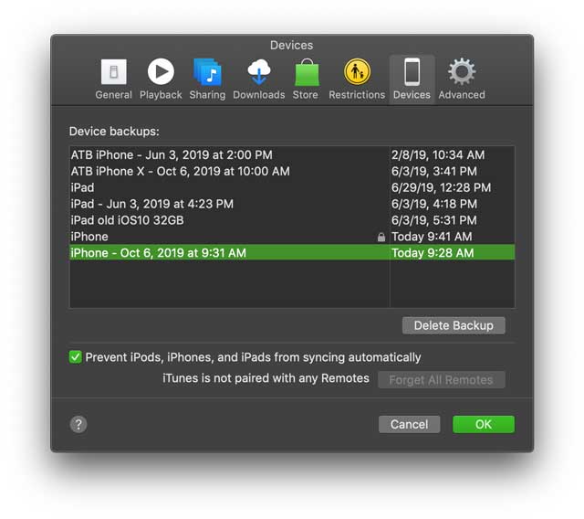 achieved backups of iPhones show date and time in iTunes