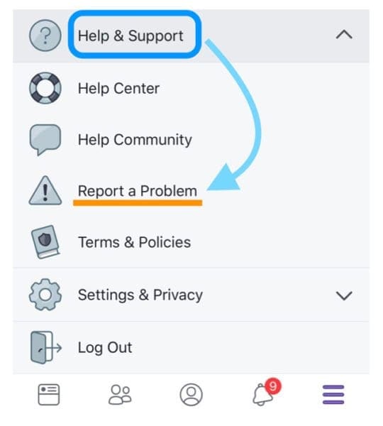 how to report a problem using the Facebook app on an iPhone or iPad