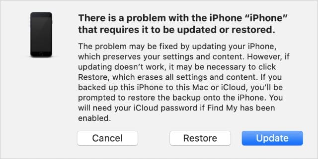 Update and Restore buttons when computer recognizes device in Recovery Mode