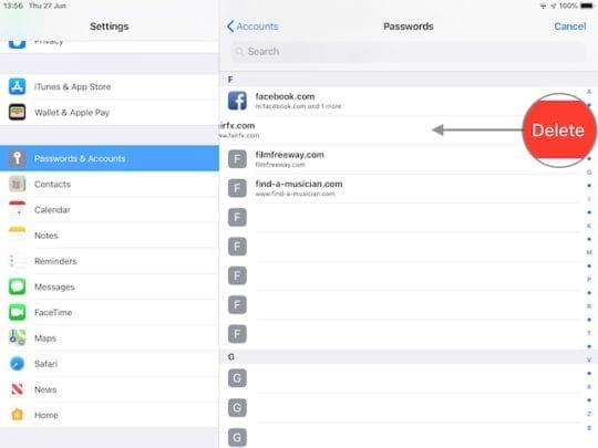 Delete button for saved usernames and password on iPhone or iPad