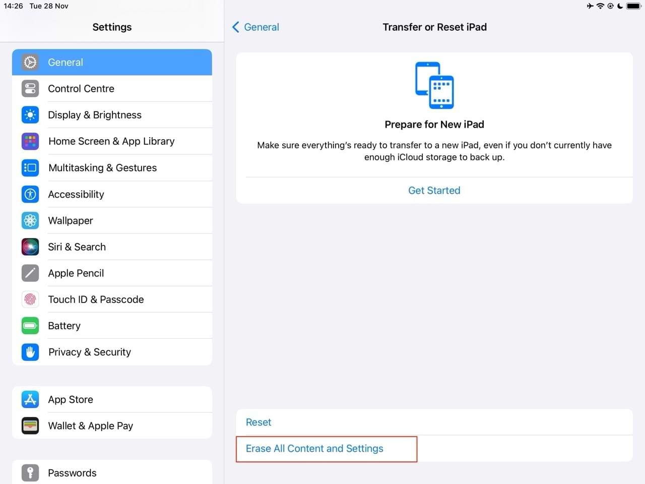 Erase the content and settings on your iPad