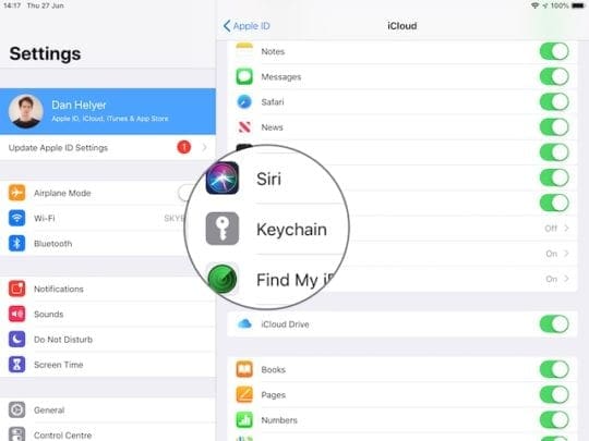 Keychain option in iCloud settings on iPhone or iPad