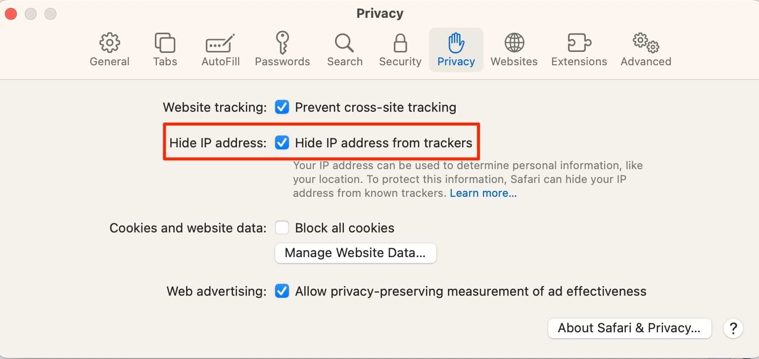 The box to hide IP address from trackers in Safari on Mac