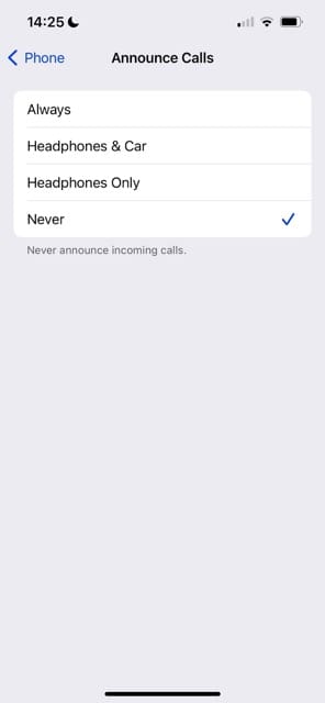 Announce Calls Settings on iPhone