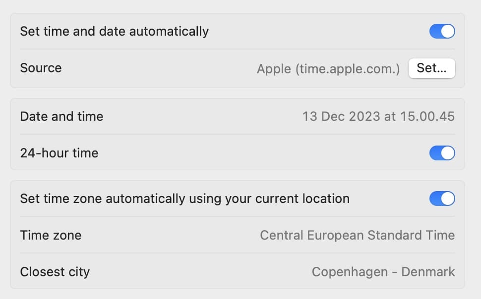 Set Date and Time Automatically on macOS