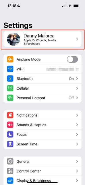 Apple ID in iPhone Settings Screenshot