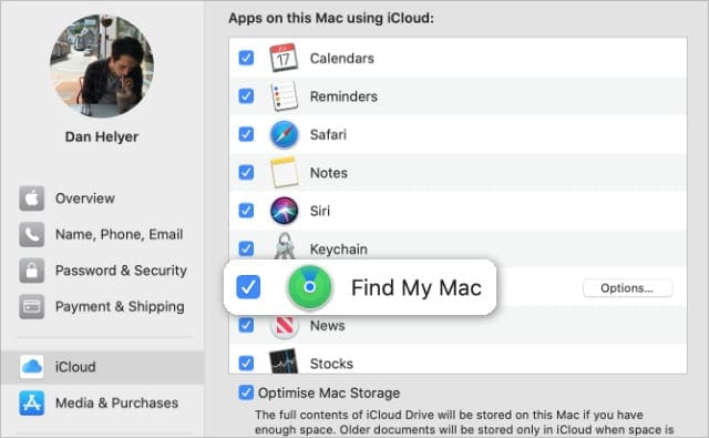 Find My Mac setting in macOS System Preferences